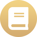 White icon of a book on a round gold gradient background