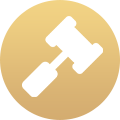 White icon of a gavel against a round gold gradient background