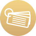 White icon of flash cards on a ring, against a round gold gradient background