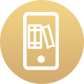 White icon of a mobile phone with books within it to illustrate concept of online study aid library, against a round gold gradient background