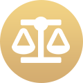 White icon of scales of justice on a round gold gradient background