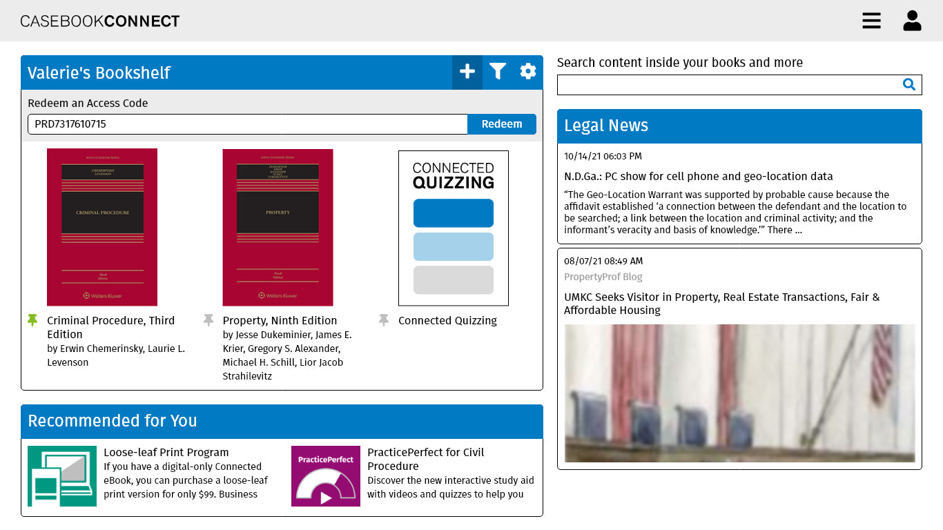 Example of a student dashboard with a news feed in Connected eBooks platform