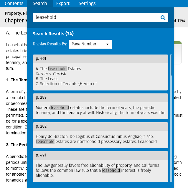 Example of searching the full Connected Casebook within the Connected eBooks platform